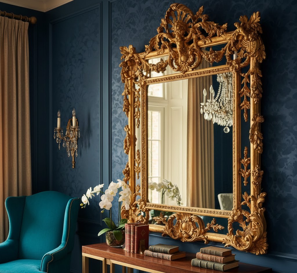 Ornate vintage mirror with gold frame
